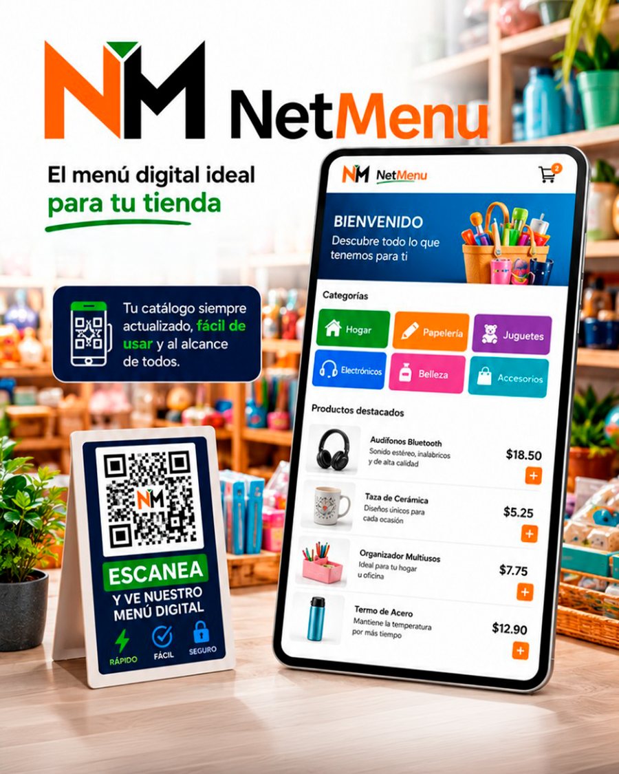 Vista previa de la app NetMenu Tienda y cartel de mesa con QR para tu catálogo digital